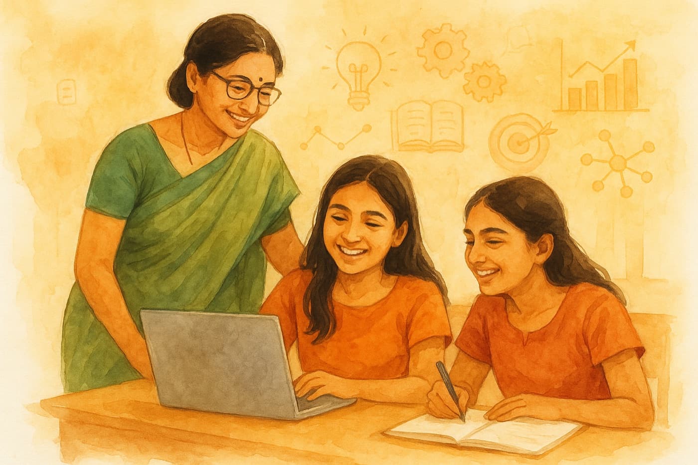 Watercolour illustration of a teacher guiding students in a classroom