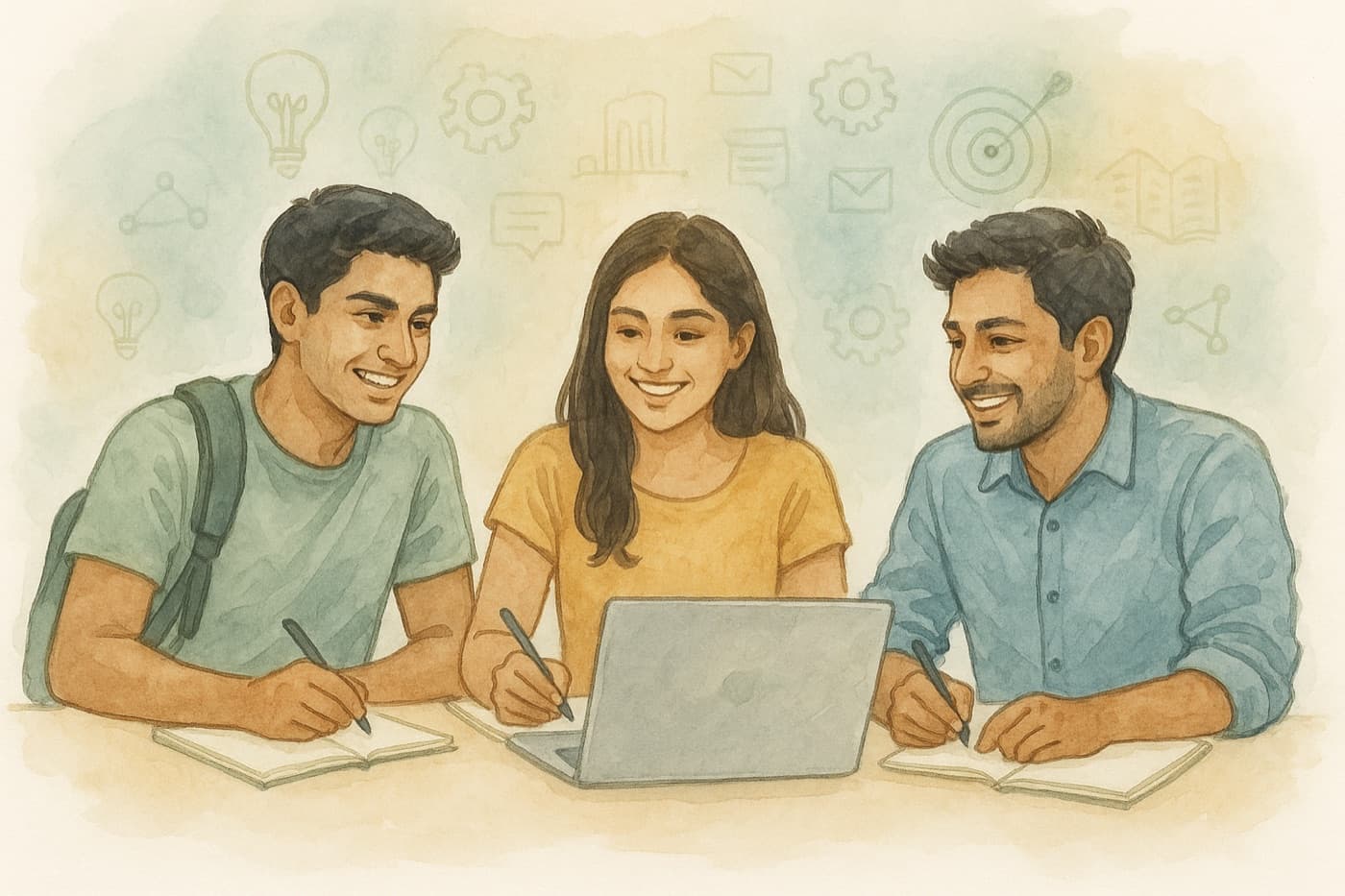 Watercolour illustration of students studying together around a laptop